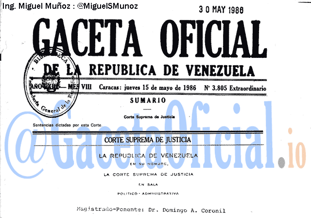 Gaceta Oficial 3805 del 15 Mayo 1986