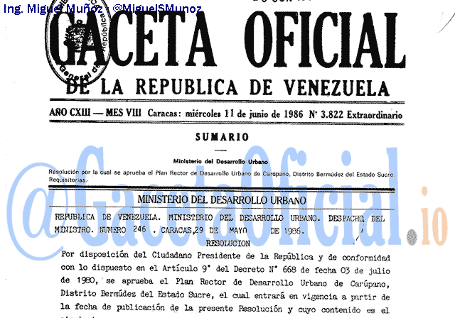 Gaceta Oficial 3822 del 11 Junio 1986