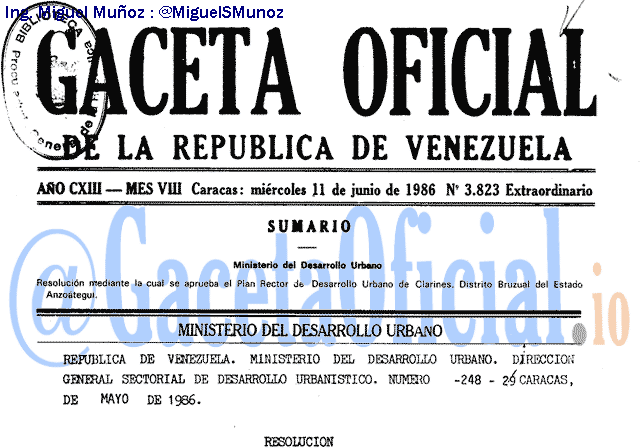 Gaceta Oficial 3823 del 11 Junio 1986