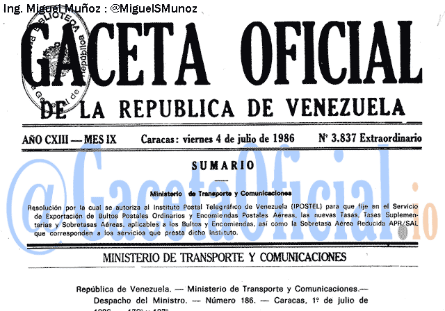 Gaceta Oficial 3837 del 4 Julio 1986