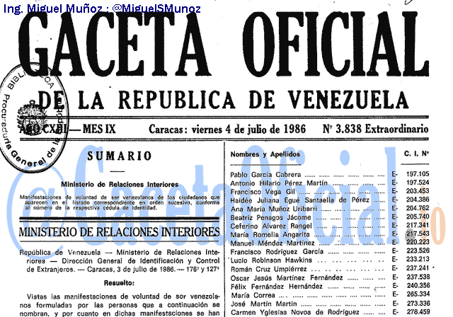 Gaceta Oficial 3838 del 4 Julio 1986
