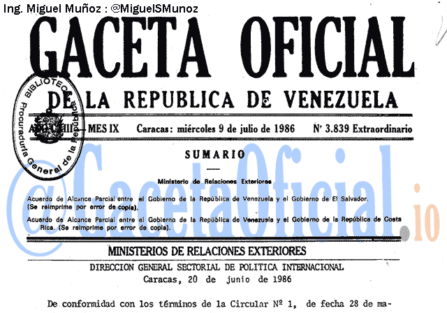 Gaceta Oficial 3839 del 9 Julio 1986