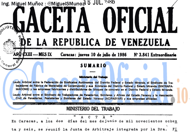 Gaceta Oficial 3841 del 10 Julio 1986