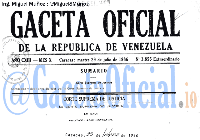 Gaceta Oficial 3855 del 29 Julio 1986