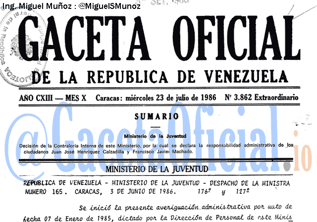 Gaceta Oficial 3862 del 23 Julio 1986