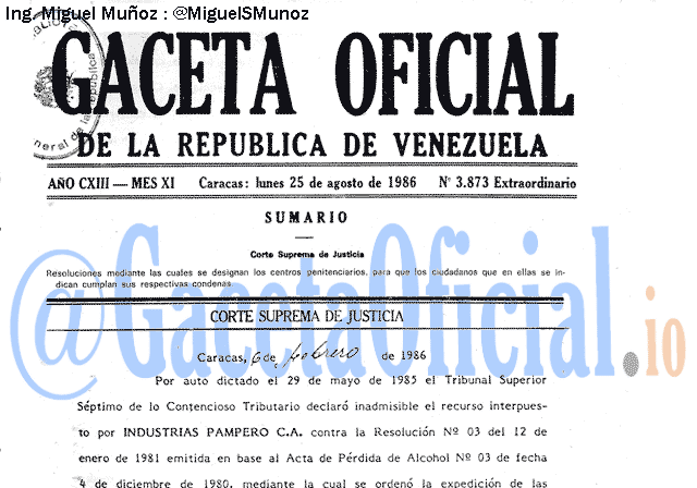 Gaceta Oficial 3873 del 25 Agosto 1986