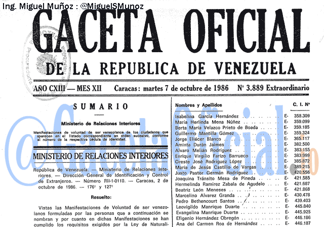 Gaceta Oficial 3889 del 7 Octubre 1986