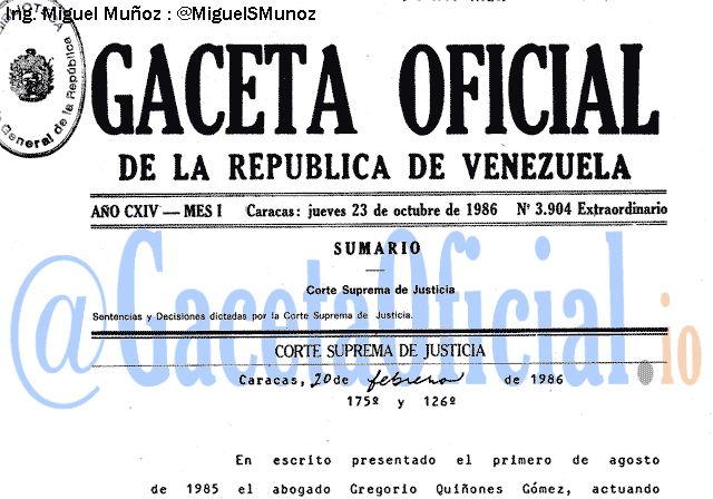 Gaceta Oficial 3904 del 23 Octubre 1986