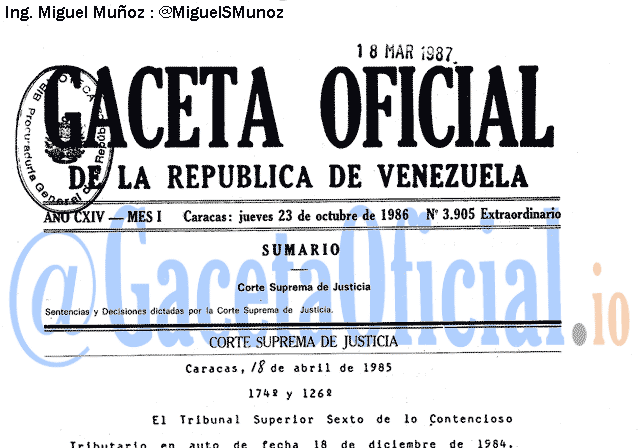 Gaceta Oficial 3905 del 23 Octubre 1986
