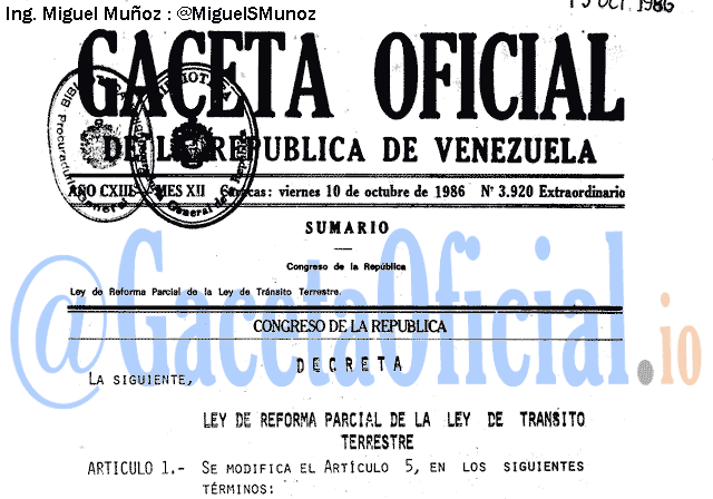 Gaceta Oficial 3920 del 10 Octubre 1986