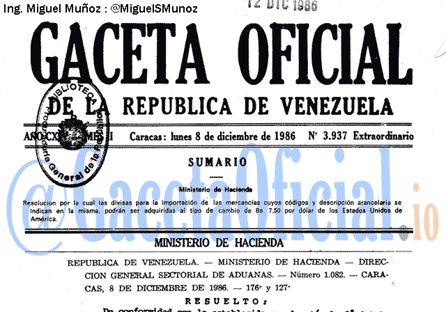 Gaceta Oficial 3937 del 8 Diciembre 1986