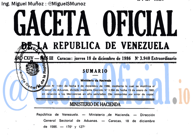 Gaceta Oficial 3940 del 18 Diciembre 1986