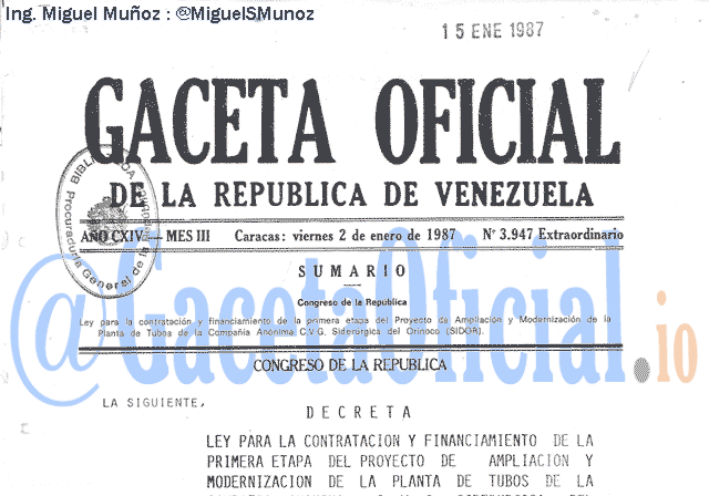 Gaceta Oficial 3947 del 2 Enero 1987