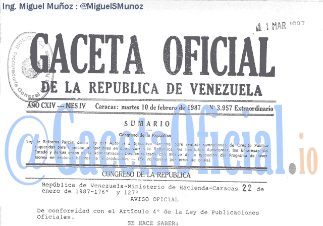 Gaceta Oficial 3957 del 10 Febrero 1987