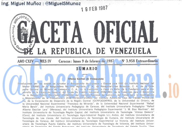 Gaceta Oficial 3958 del 9 Febrero 1987