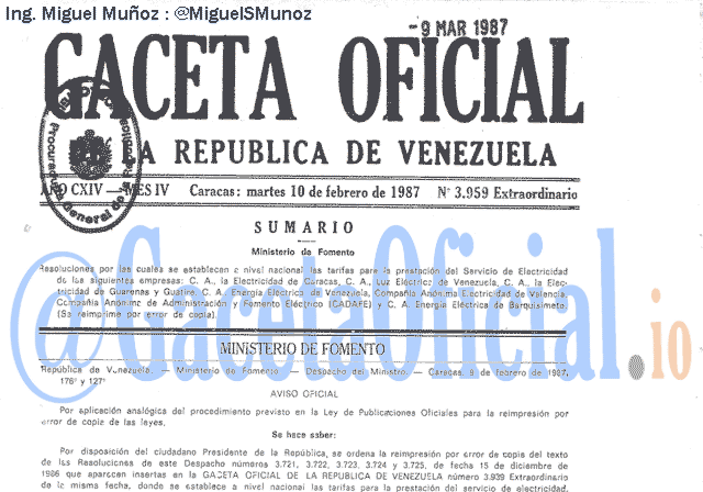 Gaceta Oficial 3959 del 10 Febrero 1987