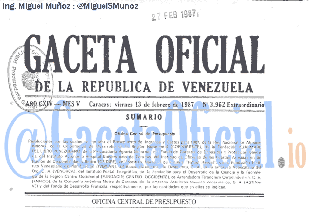 Gaceta Oficial 3962 del 13 Febrero 1987