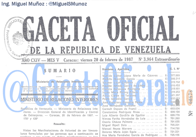 Gaceta Oficial 3964 del 20 Febrero 1987