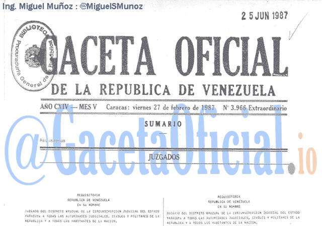 Gaceta Oficial 3966 del 27 Febrero 1987