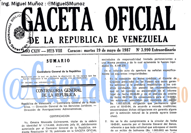 Gaceta Oficial 3990 del 19 Mayo 1987