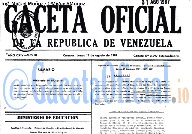 Gaceta Oficial 3997 del 17 Agosto 1987
