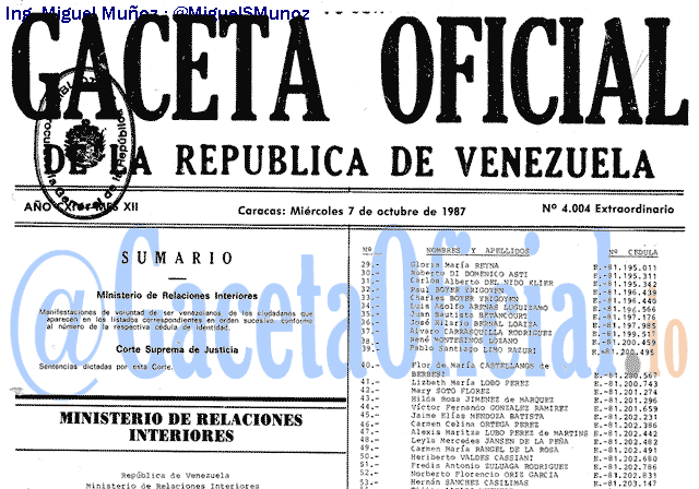 Gaceta Oficial 4004 del 7 Octubre 1987