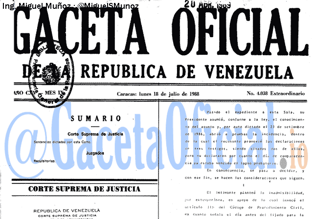 Gaceta Oficial 4038 del 18 Julio 1988