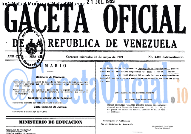Gaceta Oficial 4100 del 31 Mayo 1989