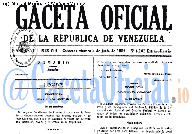 Gaceta Oficial 4102 del 2 Junio 1989