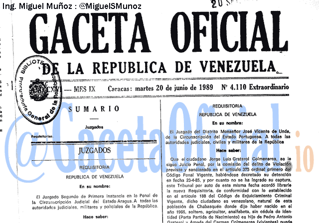 Gaceta Oficial 4110 del 20 Junio 1989
