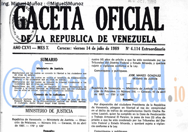 Gaceta Oficial 4114 del 14 Julio 1989