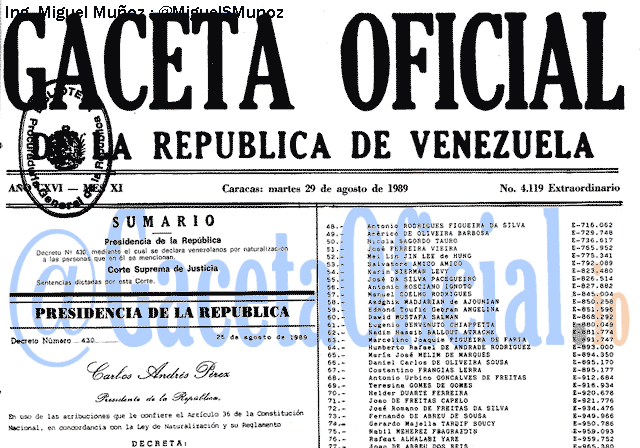 Gaceta Oficial 4119 del 29 Agosto 1989