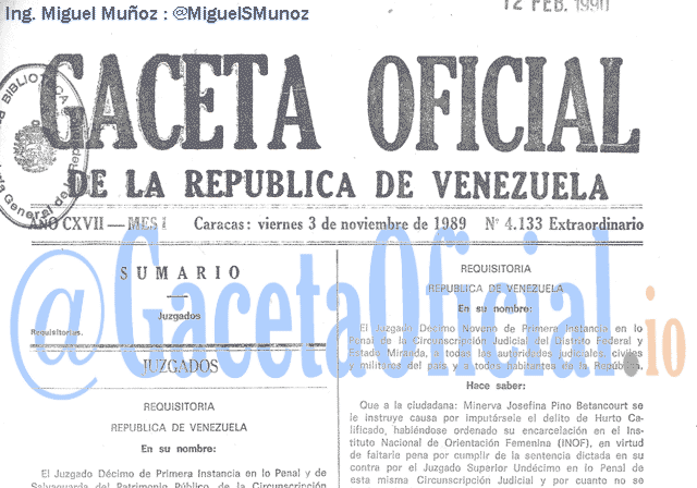 Gaceta Oficial 4133 del 3 Noviembre 1989