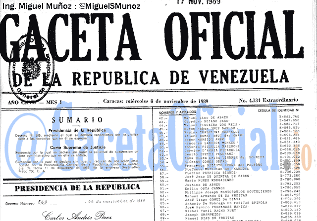 Gaceta Oficial 4134 del 8 Noviembre 1989