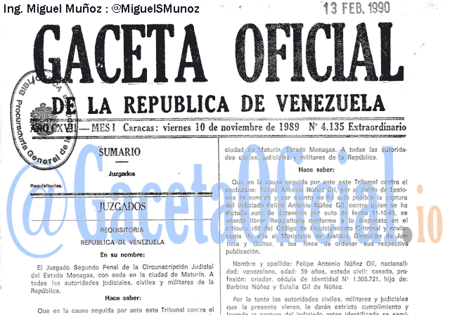 Gaceta Oficial 4135 del 10 Noviembre 1989