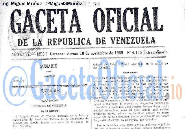 Gaceta Oficial 4136 del 10 Noviembre 1989