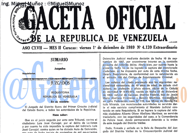 Gaceta Oficial 4139 del 1 Diciembre 1989