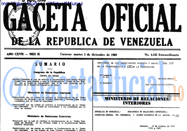 Gaceta Oficial 4142 del 5 Diciembre 1989