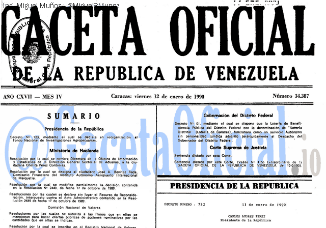 Gaceta Oficial 34387 del 12 Enero 1990