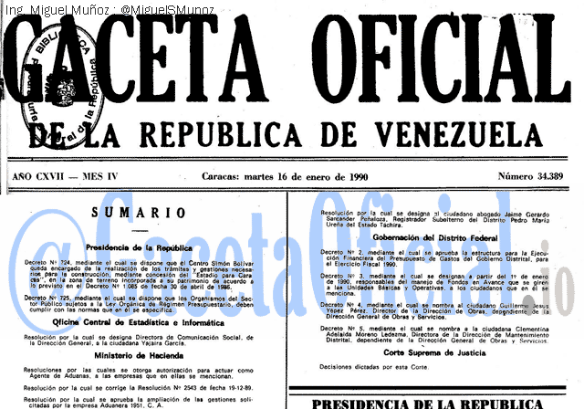 Gaceta Oficial 34389 del 16 Enero 1990