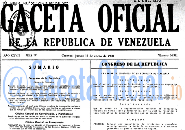 Gaceta Oficial 34391 del 18 Enero 1990