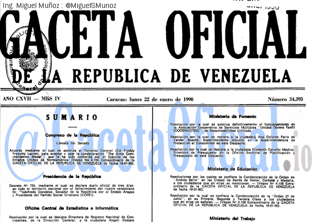 Gaceta Oficial 34393 del 22 Enero 1990