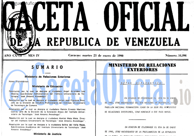 Gaceta Oficial 34394 del 23 Enero 1990