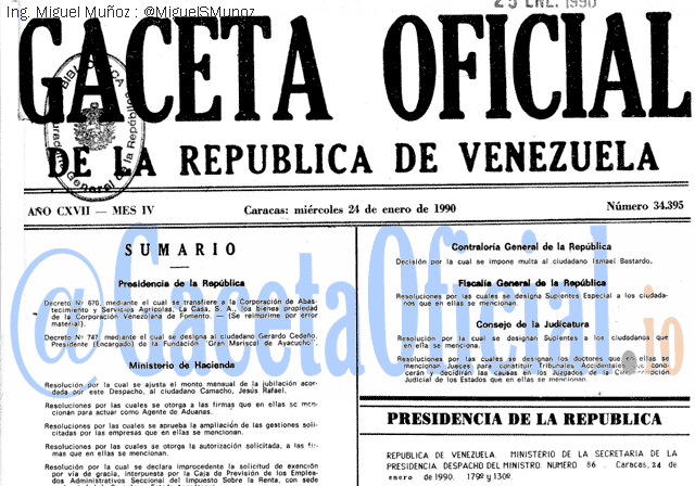 Gaceta Oficial 34395 del 24 Enero 1990
