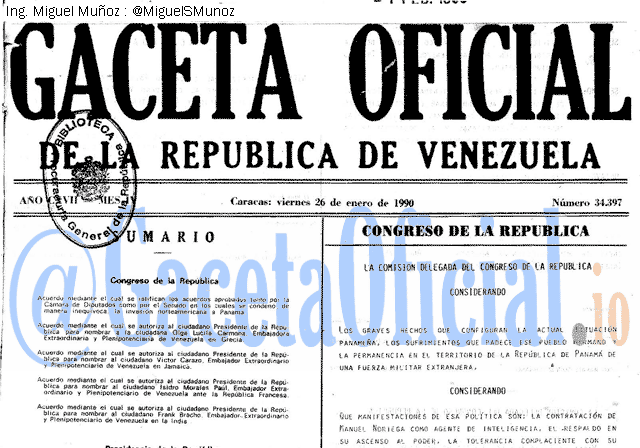 Gaceta Oficial 34397 del 26 Enero 1990