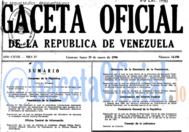 Gaceta Oficial 34398 del 29 Enero 1990
