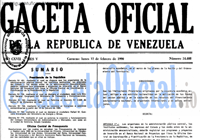 Gaceta Oficial 34408 del 12 Febrero 1990