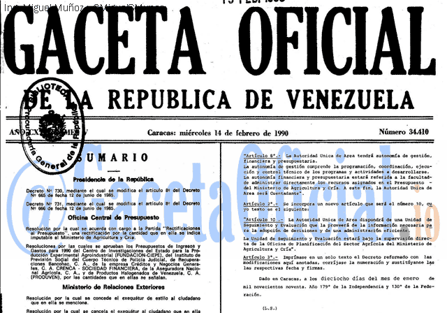 Gaceta Oficial 34410 del 14 Febrero 1990