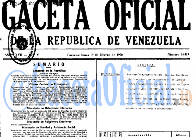 Gaceta Oficial 34413 del 19 Febrero 1990