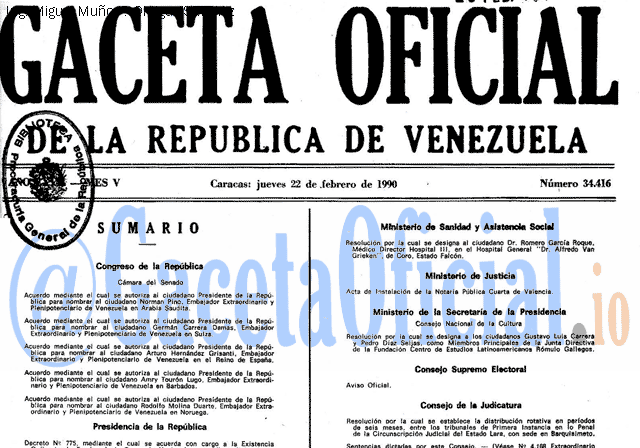 Gaceta Oficial 34416 del 22 Febrero 1990